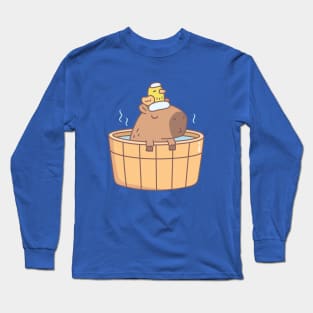 Cute Capybara and Bird Relaxing in Hot Bath Spa Soak Long Sleeve T-Shirt